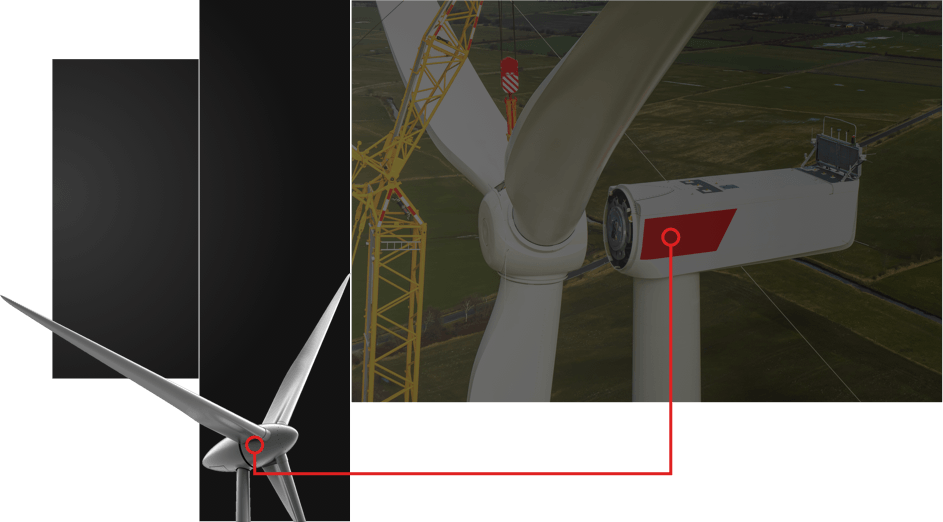 illustration of a wind turbine with graphic connector to a component manufactured using cnc machine tools